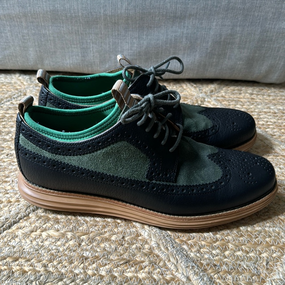 ++Cole Haan Grand Lunargrand Wingtip Neoprene Sierra Black Green C13980 Sz 8.5++